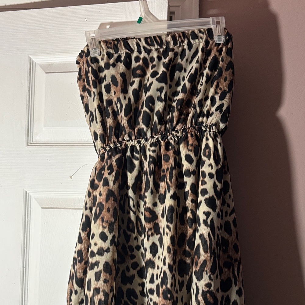 Strapless High-Low Leopard Print Dress in Brown/Black